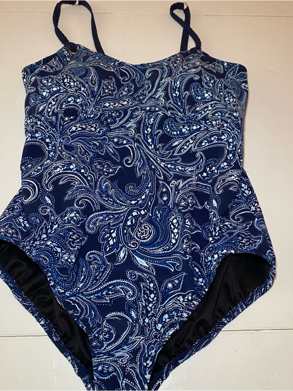 Lands End Navy Blue/White Paisley One-Piece Swimsuit - size 16W